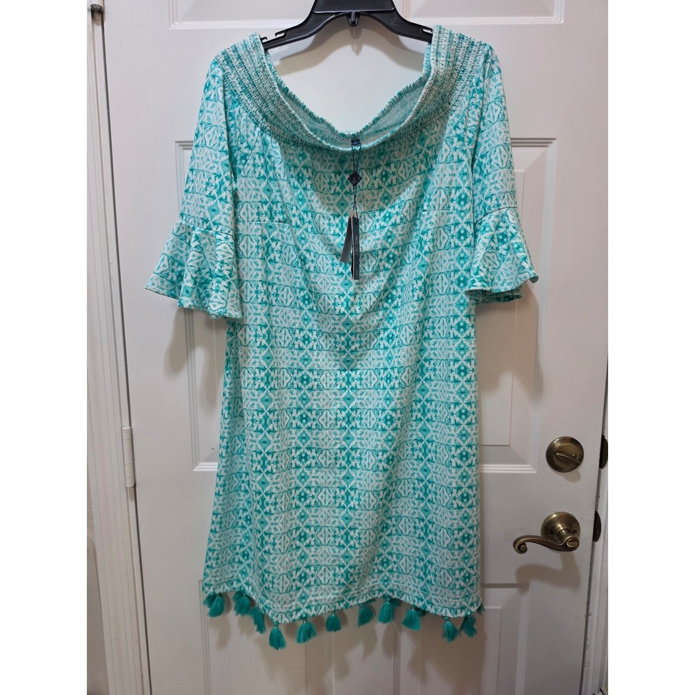 NWT Cabana Life Coastal Cottage UPF 50+ Off the Shoulder Tassel Dress - Aqua 1X